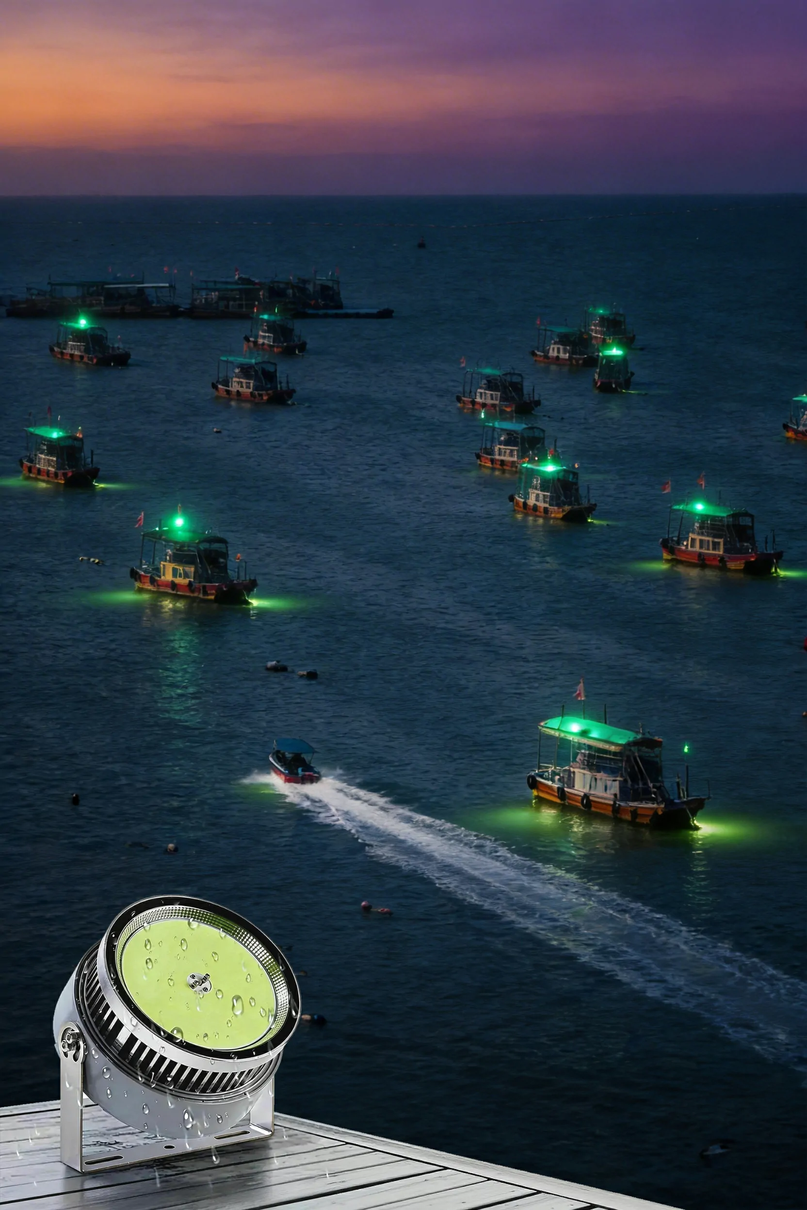 Waterproof Green LED Fishing Light on Boat Deck with Night Fishing Scene