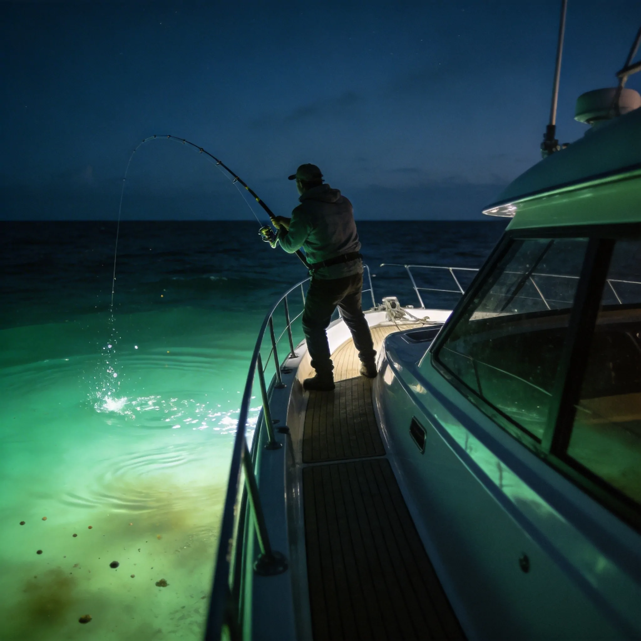 Night fishing scene with underwater LED fishing light