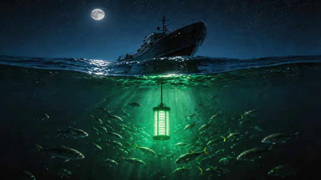 LED underwater fishing light moonlit night fishing boat application scene