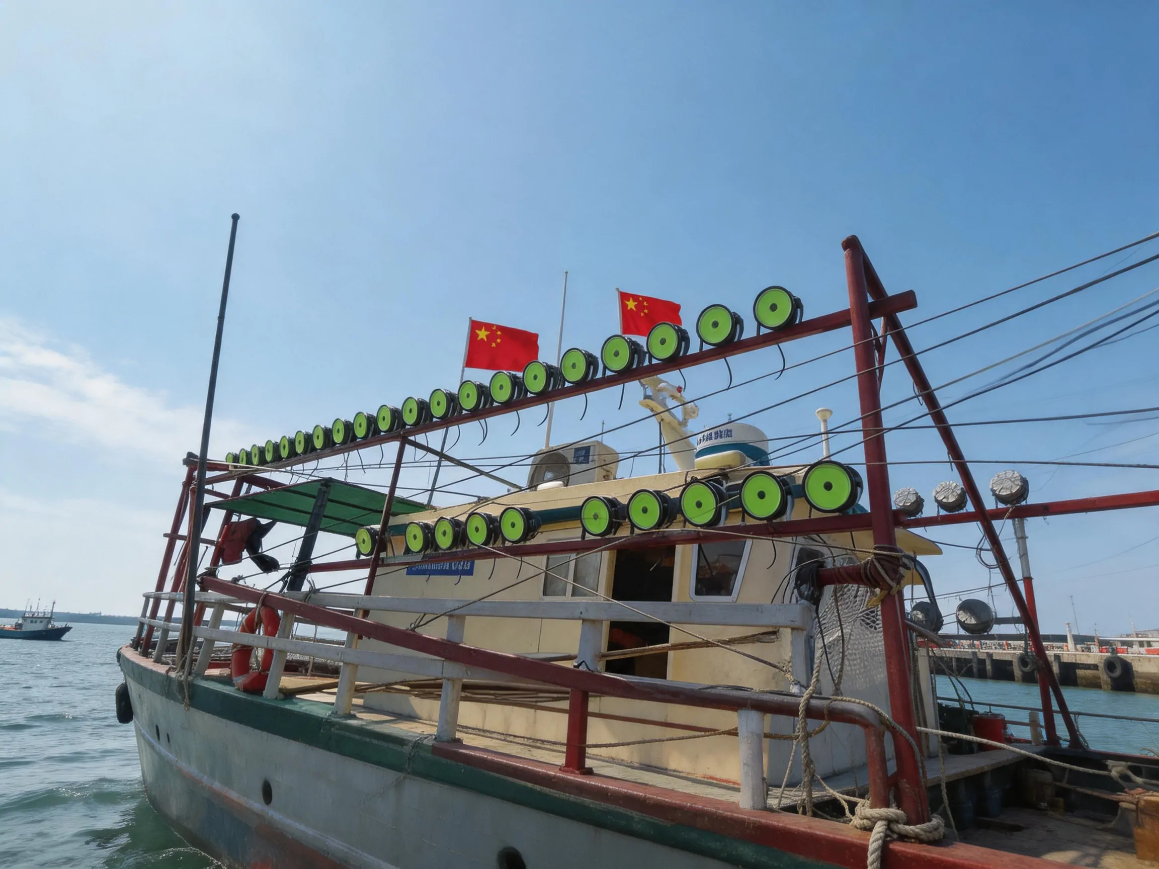jimeng-2026-04-24-1501-基于参考渔船实拍图生成，完全保留原图主体（渔船结构、LED诱鱼灯、绳索、国旗）不...