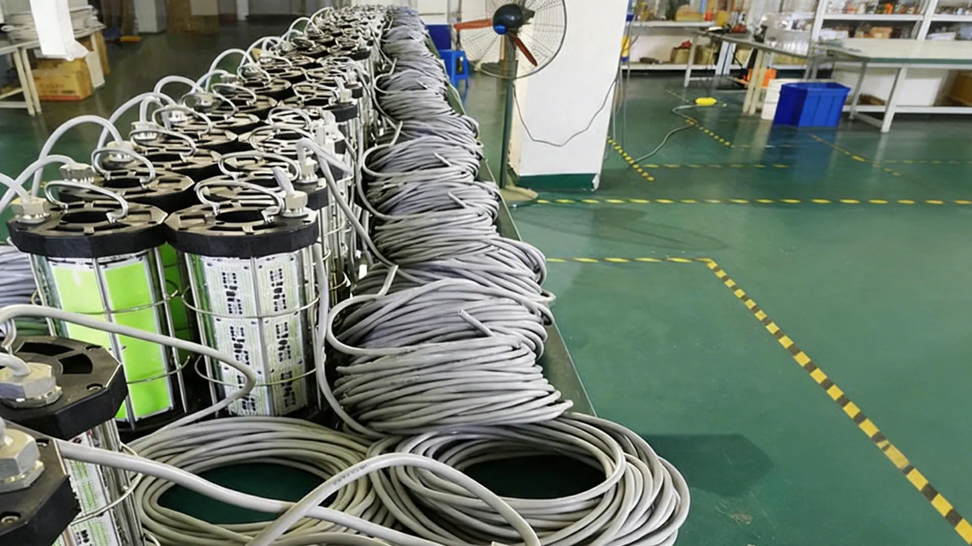 Underwater LED fishing lights lined up in the factory