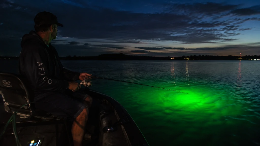 Angler fishing from a boat with a green underwater fishing light attracting fish at night