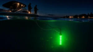 Green underwater fishing light attracting fish beside a boat during night fishing