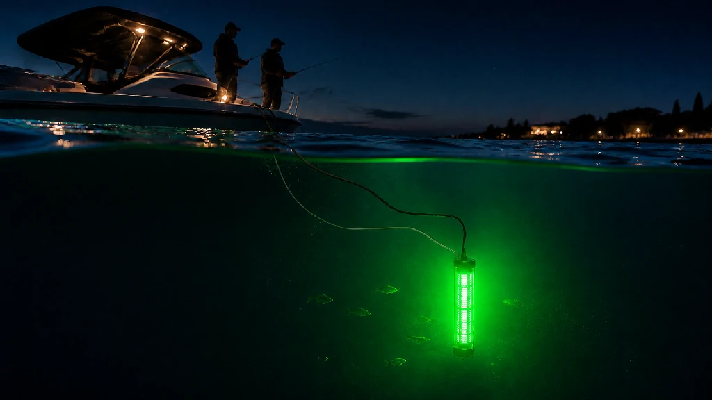 Green underwater fishing light attracting fish beside a boat during night fishing