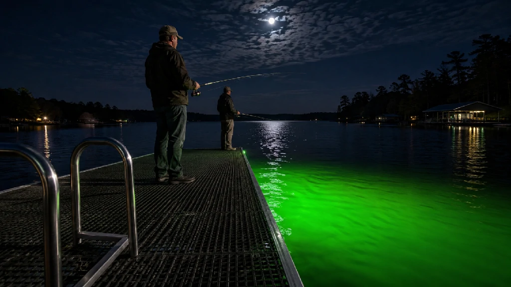 Two anglers using an underwater green fishing light from a dock at night