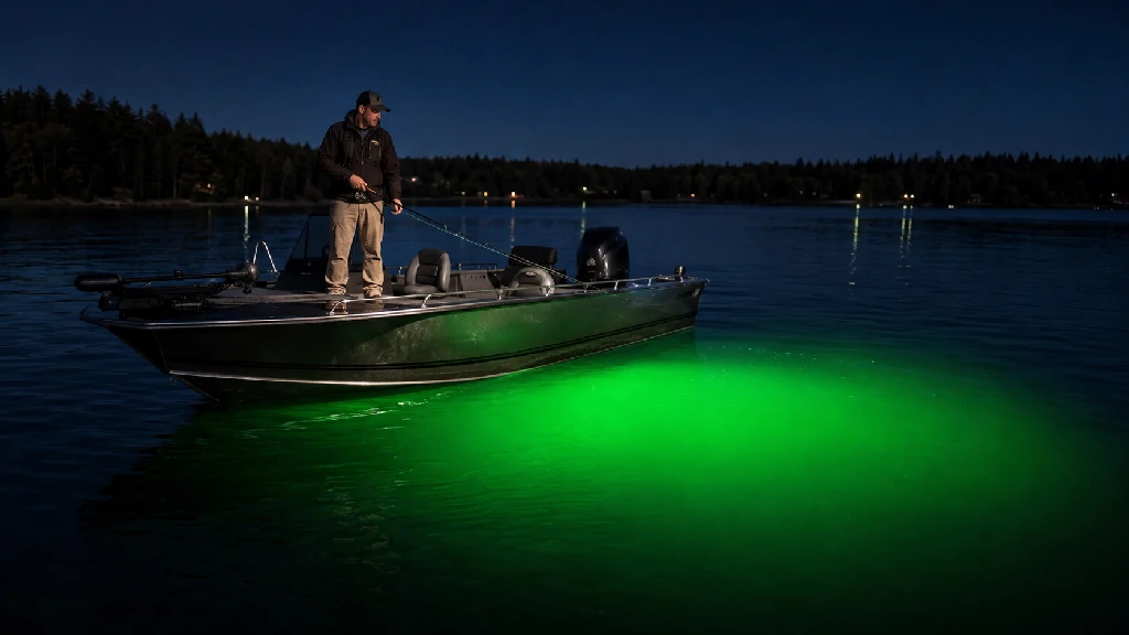 Angler using an underwater green fishing light beside a boat at night