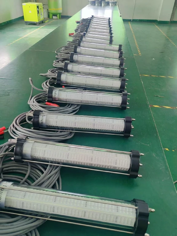 Underwater LED fish attractor lights arranged on a factory production table