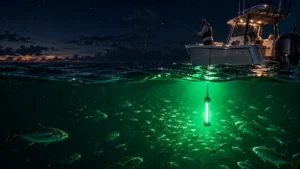School of fish gathering beneath a night fishing boat using a suspended green fish attractor light