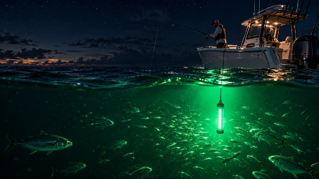 School of fish gathering beneath a night fishing boat using a suspended green fish attractor light