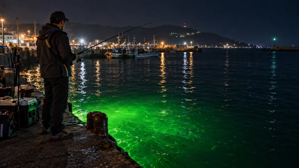 Angler using a green dock fishing light to attract fish during night fishing in a harbor