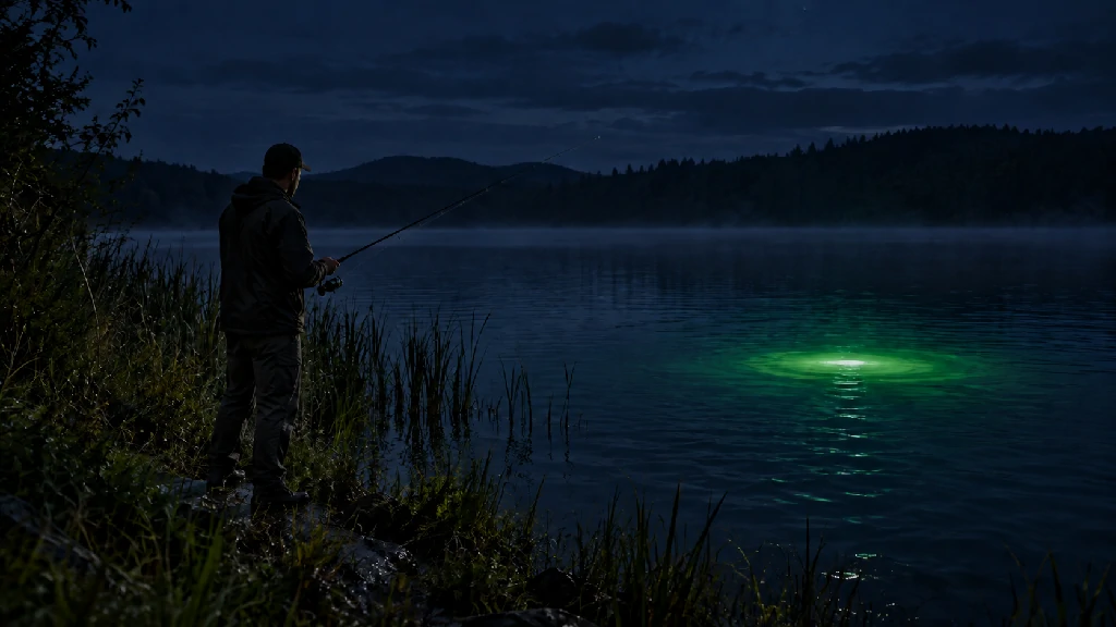 Angler fishing from a lakeshore at night beside the green glow of an underwater