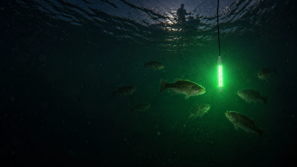 Bass gathering around a green underwater fish light during night fishing
