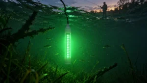 Green submersible LED fishing light attracting fish underwater while an angler fishes from the lakeshore