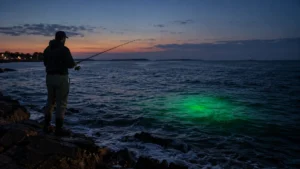 Shore fishing at night with a green underwater fish attractor light