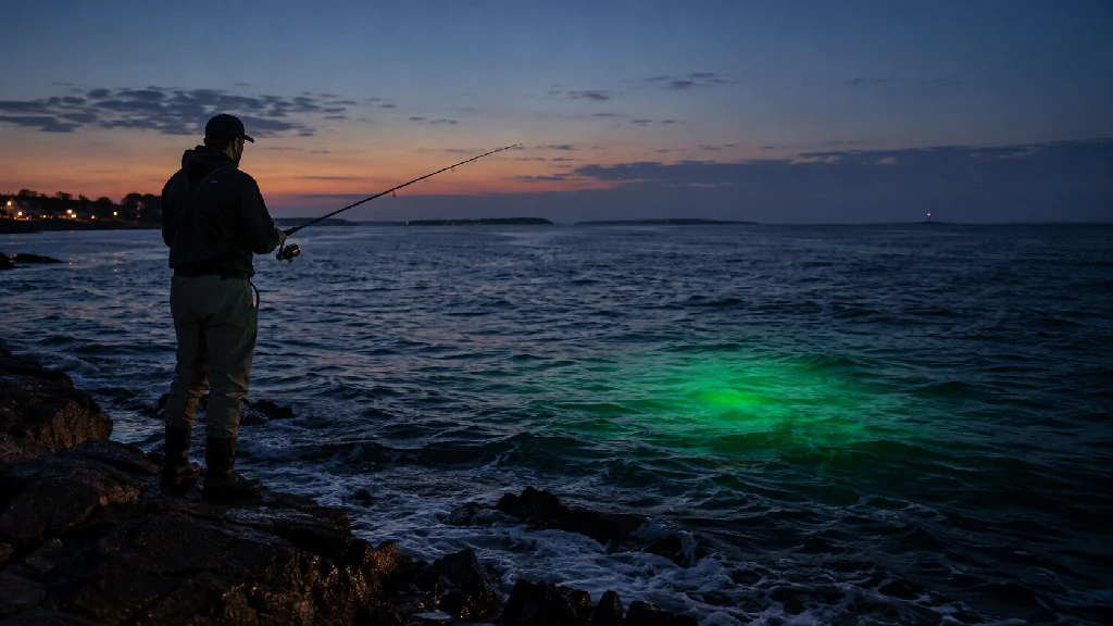 Shore fishing at night with a green underwater fish attractor light