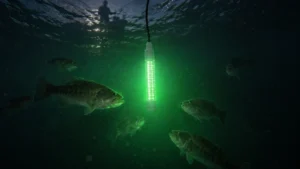 Green submersible fishing light attracting bass underwater during night fishing