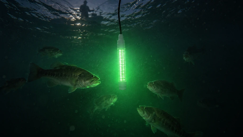 Green submersible fishing light attracting bass underwater during night fishing