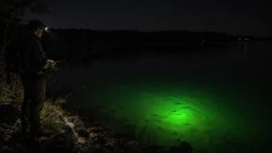 Angler using a green underwater fish light to attract fish while night fishing from the lakeshore
