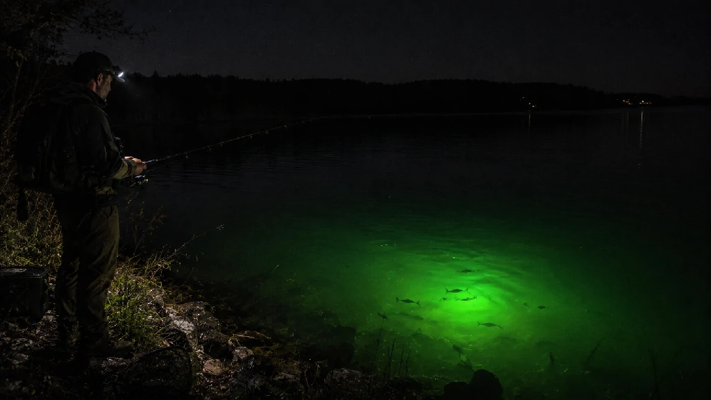 Angler using a green underwater fish light to attract fish while night fishing from the lakeshore
