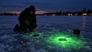 Angler using a green underwater ice fishing light beside a fishing hole on a frozen lake
