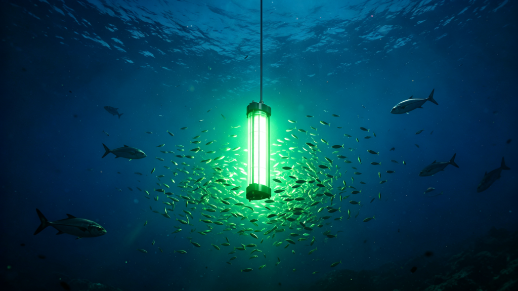Green underwater fish attractor light surrounded by a school of fish