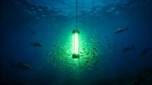 Green underwater fish attractor light surrounded by a school of fish