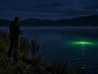 Angler fishing from a lakeshore at night beside the green glow of an underwater