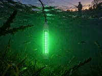 Green submersible LED fishing light attracting fish underwater while an angler fishes from the lakeshore